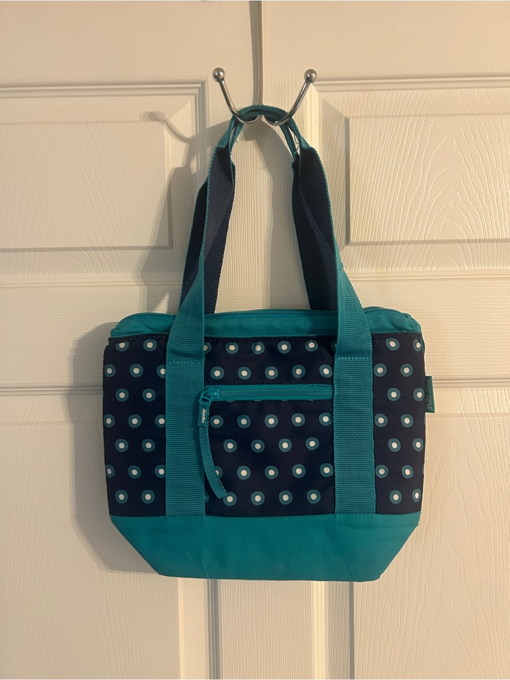 Teal Polka Dot Women’s Lunch Bag with Front Zip Pocket